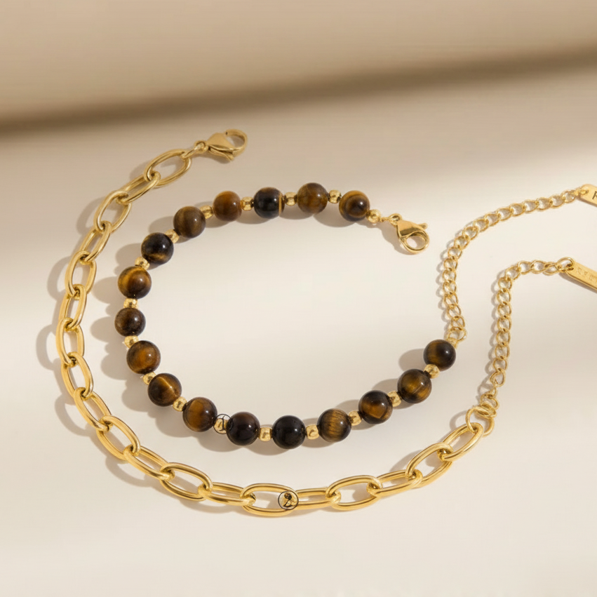 סט צמידים חוליות זהב וחרוזים