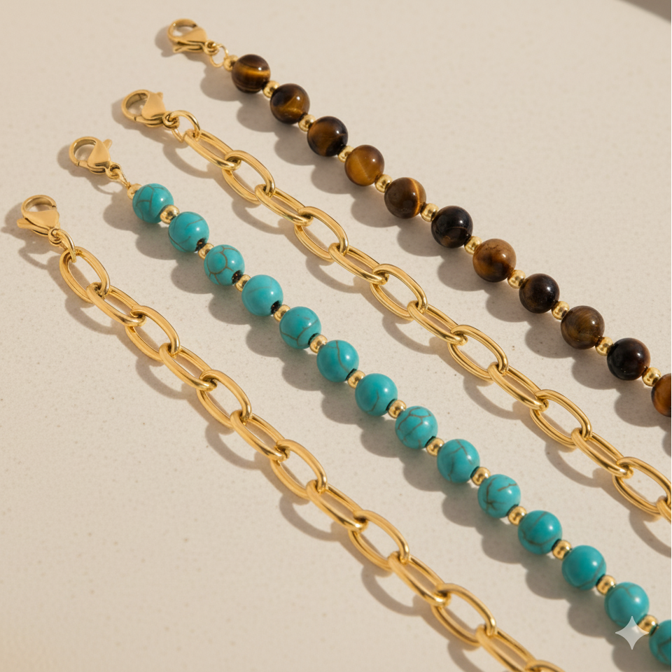 סט צמידים חוליות זהב וחרוזים